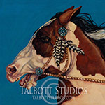 Zuni Spirit, original oil painting of a half Arab Pinto horse with silver and truquoise bridle and feathers by Eugenia Talbott. 'Zuni Spirit' is one of ten paintings which will be exhibited in 2015 in a show called 'What Shines.' The collection of art work will be figurative oil paintings of human and animal subjects. After having the privilege of visiting Zuni several times and making friendships that have lasted through the years, this painting represents the spirit of that special land, with its enormous blue sky, and its people, with emphasis on the unique style of Zuni petit point southwestern silver and turquoise jewelry. Please click the picture to view an uncropped image, dimensions and pricing for the original oil painting and fine art prints.